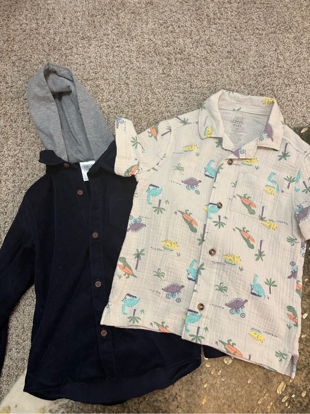Falls Creek Navy Corduroy Hooded Shirt Jacket and button up dinosaur shirt